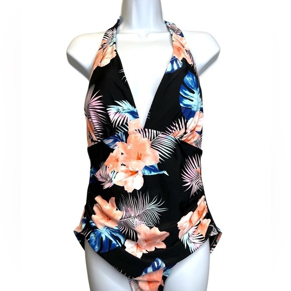 DKNY | NWOT One Piece Tropical Print Halter Neckline Swimsuit Sz XL - Picture 1 of 9